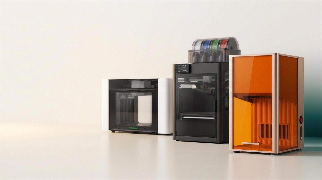 Drei Fertigungsmaschinen der Werkstatt nebeneinander: zwei 3D-Drucker und ein Lasergerät